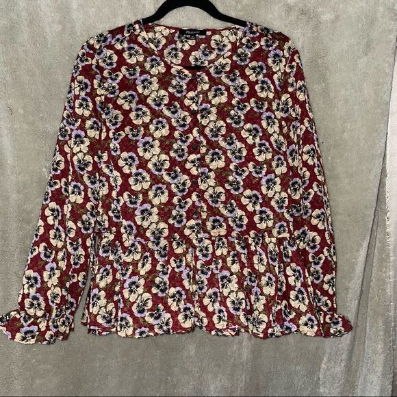 DRAWSTRING Ruffle-Hem Top in Viola Floral sz M - Picture 3 of 9